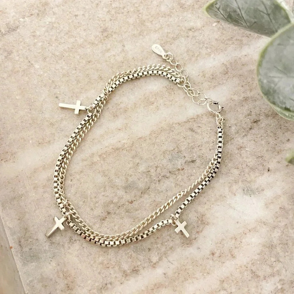 925 Sterling Silver Box Chain Bracelet Dangle Cross Bracelet Dainty Bracelet - Picture 3 of 5